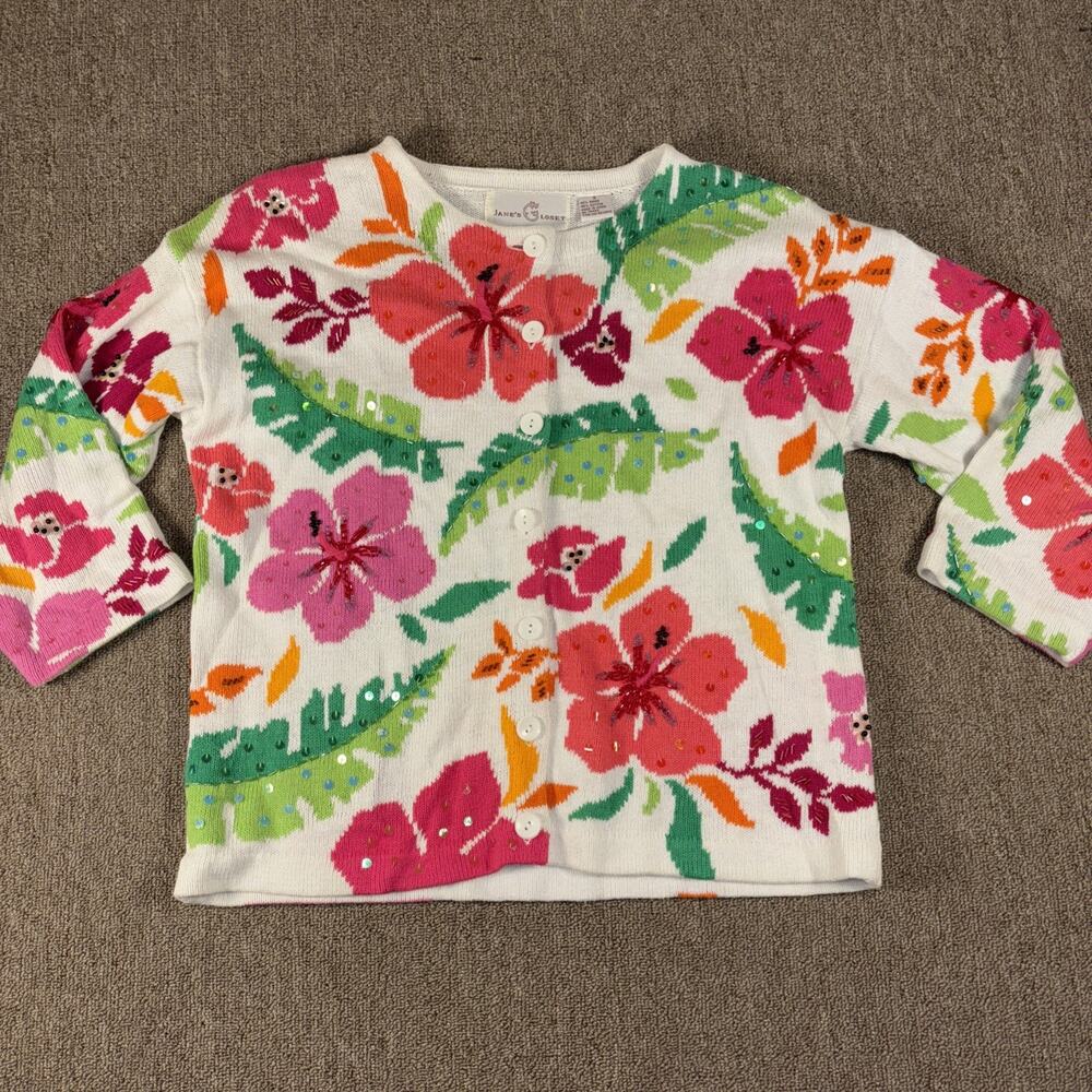 Jane’s Closet Floral Knit Sweater Button Up Beaded Retro Small